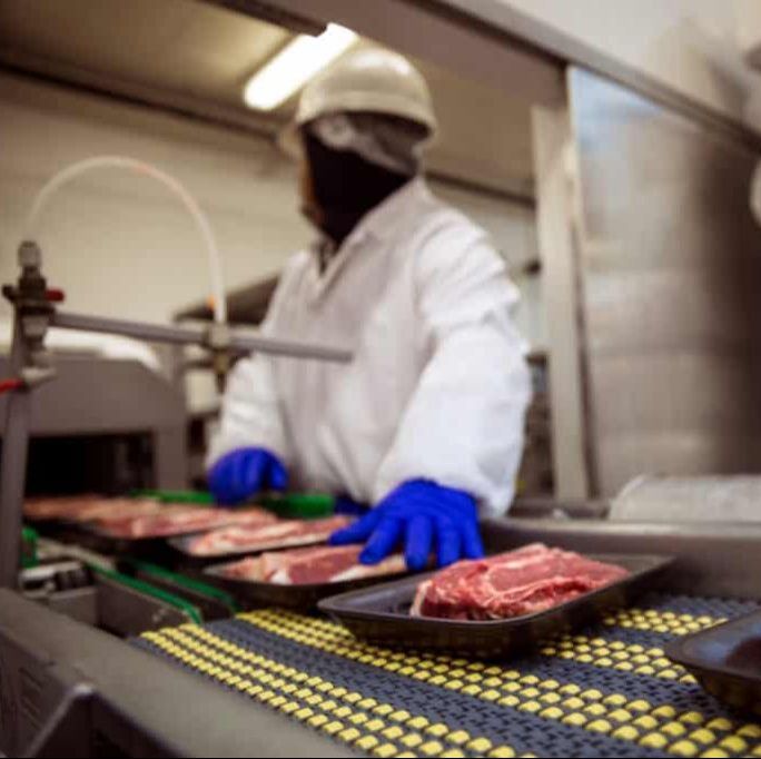 Person in lab coat in a meat packing plant